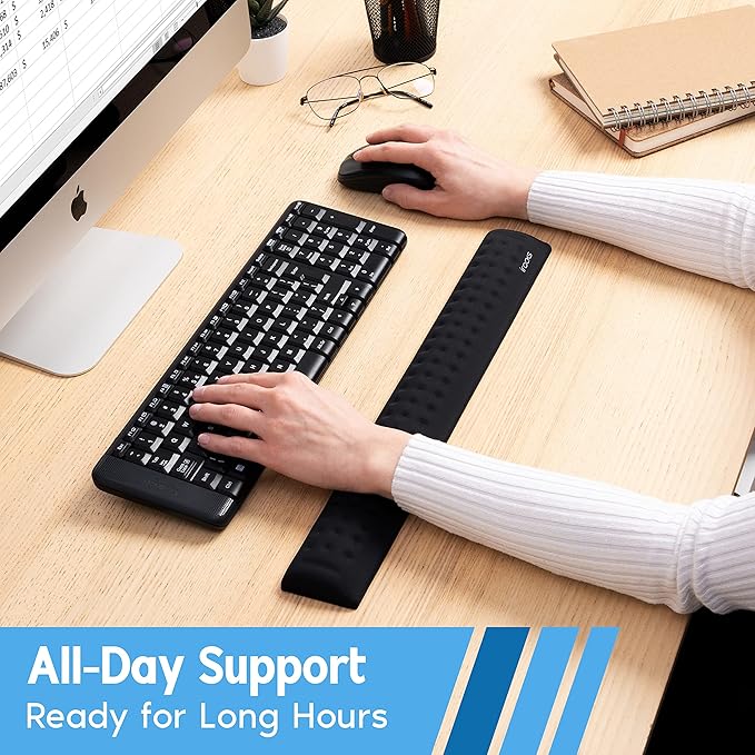 i-Rocks Memory Foam Keyboard Wrist Rest - Pain-Reducing, Non-Slip Rubber Base Wrists Rest Support - Cooling Ergonomic Laptop & Computer Keyboard Pad for Long Hours of Work, Studying, Gaming - Black