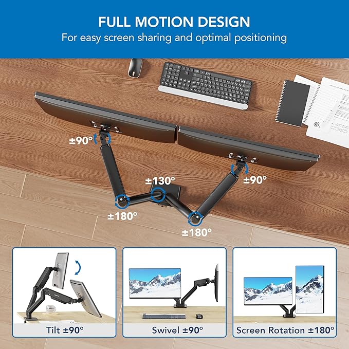 Mount-It! Full Motion Dual Monitor Mount with Spring Arms, 17" to 32", Full Motion Monitor Arm with Tilt, Rotation, Swivel, Height Adjustment, Clamp or Grommet, Fits VESA 75x75 and 100x100 - Black