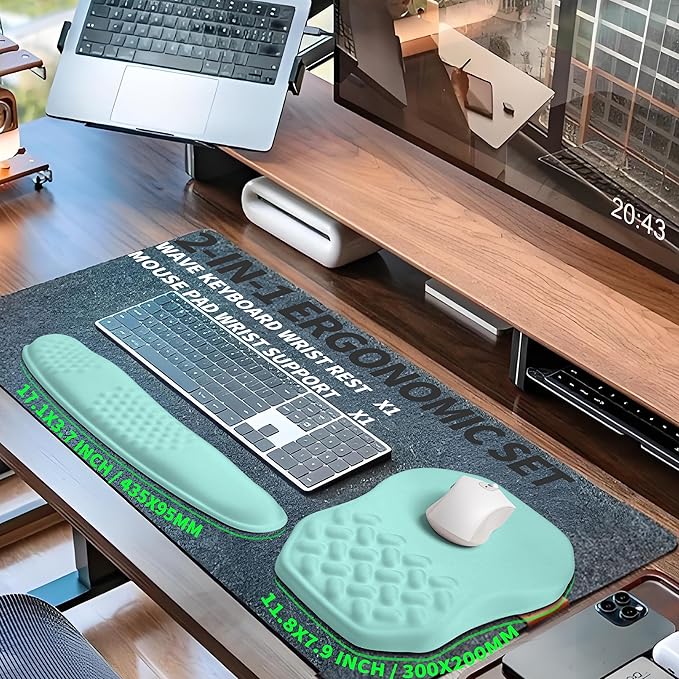2-in-1 Ergonomic Set, Wave Keyboard Wrist Rest and Massage Slope Mouse Pad Wrist Support, Rebound Memory Foam for Ergonomic Comfort (Light Blue)
