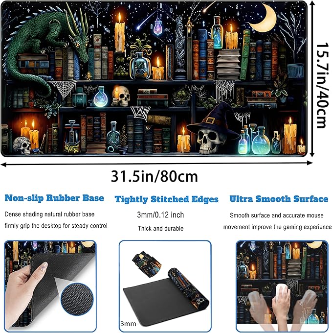 Black Desk Mat Gaming Desk Pad Large Mouse Pad, Mysterious Library Mouse Mat XXL Laptop Keyboard Pad, Vintage Gamer Mouse Pad Full Desk Mousepads Cool Office Desk Accessories 31.5"x15.7"