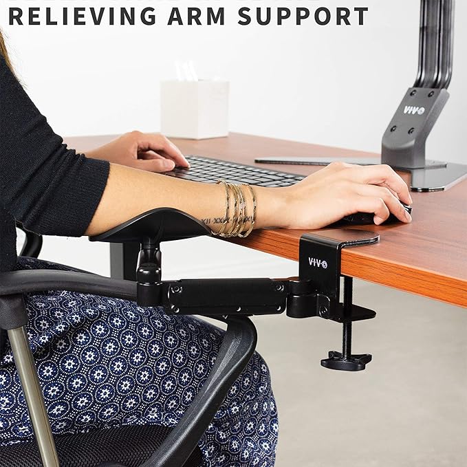 VIVO 2 Pack Clamp-on Adjustable Armrests, Universal Desk Cradle 360° Rotating Elbow Platform, Arm Support Steel Base Table Extension, Black, MOUNT-ARM02P