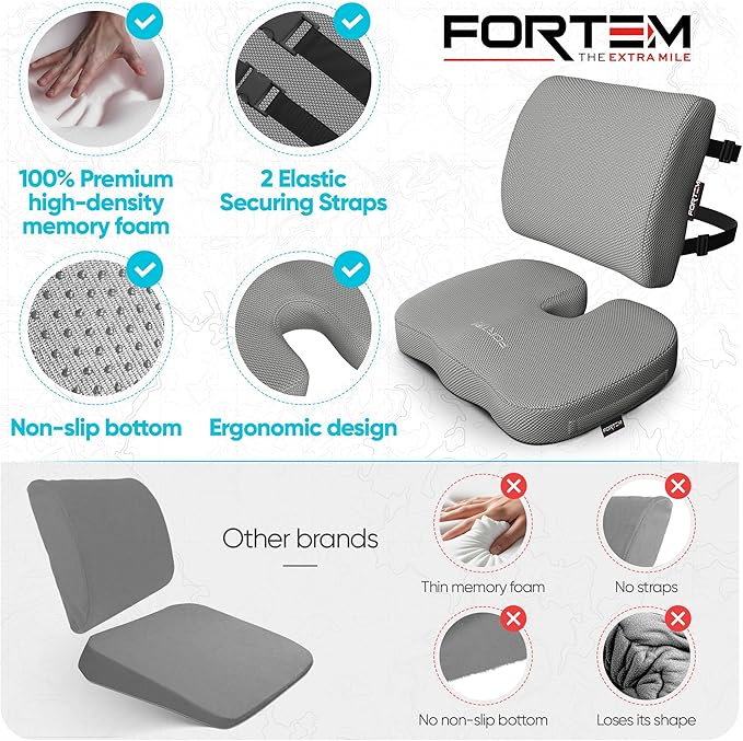 FORTEM Seat Cushion, Office Chair Cushion, Lumbar Support Pillow for Office Chair, Memory Foam Ergonomic Coccyx & Lumbar Support, Car Sitting Pad, Washable Non-Slip, XL