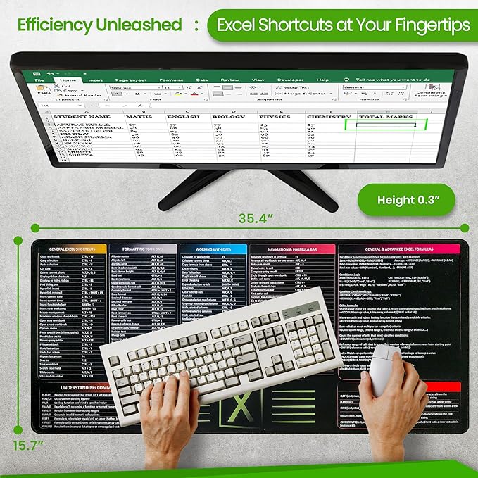 Large Excel Cheat Sheet Desk Pad | Excel Pad Shortcut Keys Mouse Mat - Extended Office Excel Mouse Pad with Excel Shortcuts & Formulas | Waterproof | XL Giant Deskpad for Desk 35.5" x 15.7"