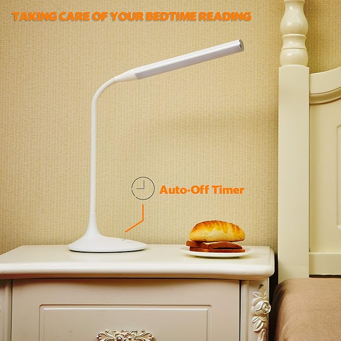 DAC LED Desk Lamp, Eye Care Table Lamp, 360 Degree Flexible Gooseneck, Continuously Dimmable, 3 Color Modes, Touch-Sensitive Control Panel, 40-Minute Auto Shut-Off Timer, White, 6W