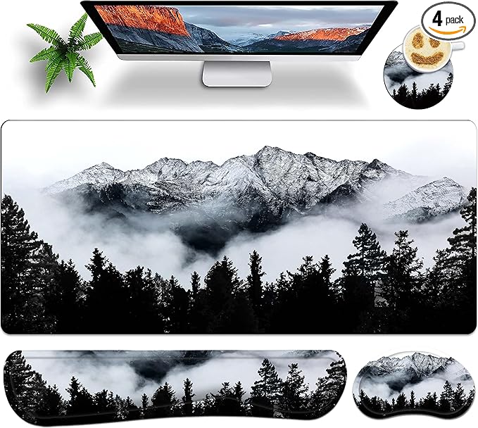 Large Gaming Mouse Pad Set 35.4 x 15.7 with Keyboard Wrist Rest, Wrist Support, and Coaster Memory Foam Smooth Desk Pad Mousepad for Home Office School - Mountain Forest