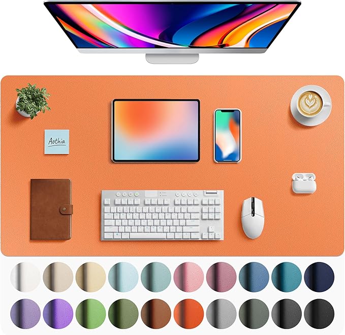 Aothia Faux Leather Desk Mat - Large Mouse Pad, Non-Slip PU Leather Blotter, Waterproof Writing Surface for Office and Home (Orange, 40" x 24")