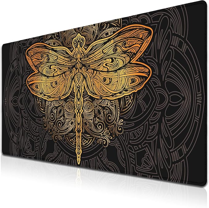 Gaming Desk Mats Gold, Desk Mouse Pad Extra Large Mouse Pads, Pad for Mouse Non-Slip Rubber Base Waterproof with Stitched Edges, 35.4 X 15.7 inch for Work/Game/Office/Home Dragonfly Mandala