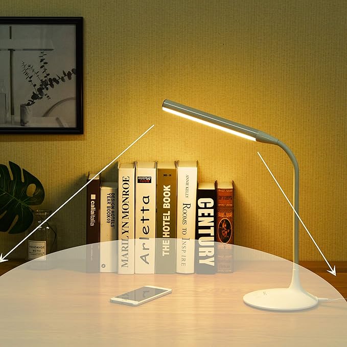 DAC LED Desk Lamp, Eye Care Table Lamp, 360 Degree Flexible Gooseneck, Continuously Dimmable, 3 Color Modes, Touch-Sensitive Control Panel, 40-Minute Auto Shut-Off Timer, White, 6W