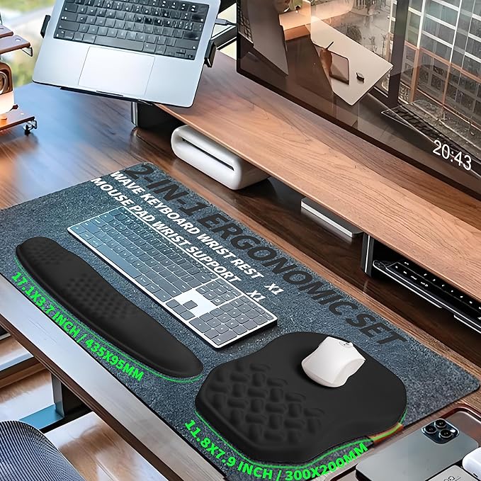 2-in-1 Ergonomic Set, Wave Keyboard Wrist Rest and Massage Slope Mouse Pad Wrist Support, Rebound Memory Foam for Ergonomic Wrist Support (Black)