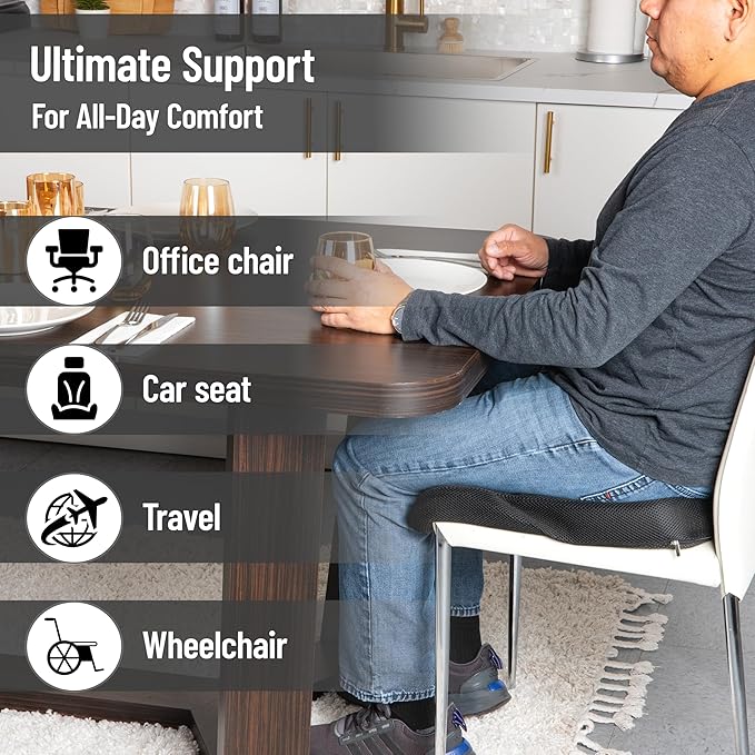Mind Reader Air-Cloud Seat Cushion, Ergonomic Support for Posture, Pressure Relief, and Pain Reduction, Portable with Washable Cover, Memory Foam, Black