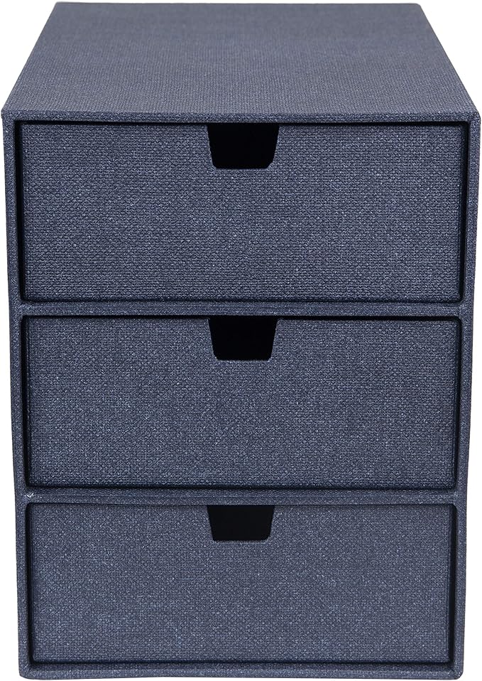 Bigso Box of Sweden Ingrid 3-Drawer Fiberboard Desk Organizer for Office Supplies and Accessories - Stackable Makeup Drawer Organizer - 6.3in x 9.9in x 8.1in - Blue