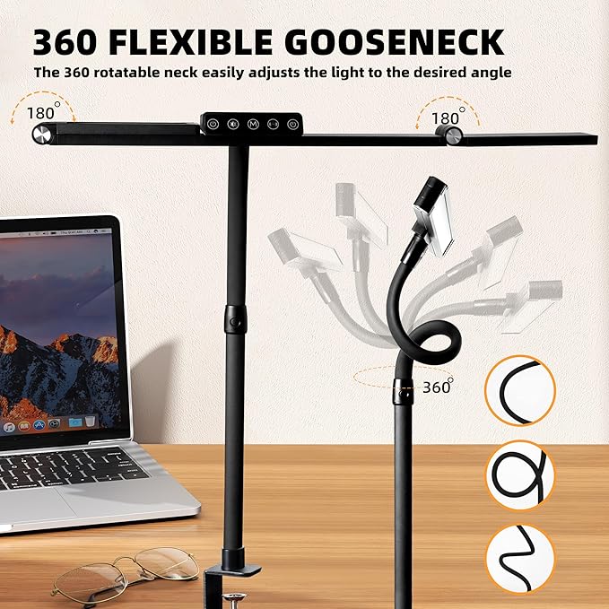 BAYSQUIRREL Led Desk Lamp with Clamp,Desk Light with Human Sensor,Gooseneck Remote Eye Protection Desk Lighting,24W Ultra Bright Stepless Dimming and Tempering LED Desk Lamp for Home Office, Bedroom