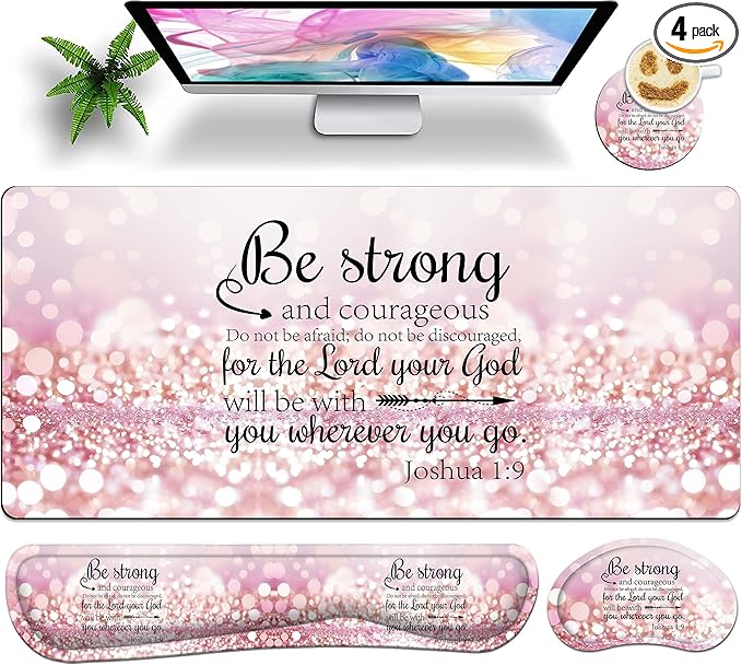 Large Gaming Mouse Pad Set 35.4 x 15.7 with Keyboard Wrist Rest, Wrist Support, and Coaster Memory Foam Smooth Desk Pad Mousepad for Home Office School - Quote Bible