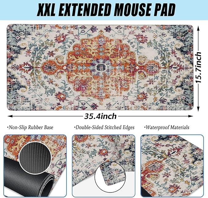 Large Gaming Mouse Pad for Desk,Boho Carpet Style Desk Mat for Desktop,Boho Rug Desk Pad,Extended Big Computer Keyboard Mouse Pad with Non-Slip Base and Stitched Edges 35.4"x15.7"