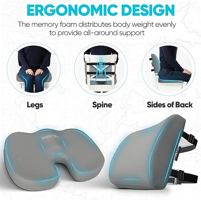 FORTEM Seat Cushion, Office Chair Cushion, Lumbar Support Pillow for Office Chair, Memory Foam Ergonomic Coccyx & Lumbar Support, Car Sitting Pad, Washable Non-Slip, XL