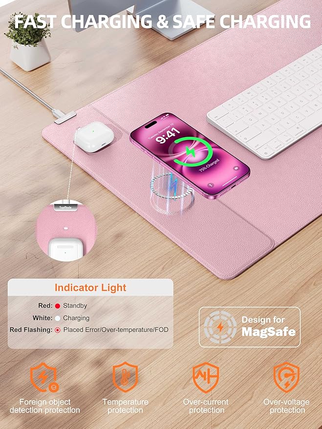 TopMade Mouse Pad with 15W Wireless Charging, XXL Large Leather Desk Mat, Waterproof Gaming Mousepad Home Office Desk Pad Protector, Pink (Includes 20W PD Power Adapter & 6.56ft Woven Cable)