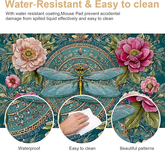 Large Mouse Pad & Keyboard Mat 35x16 Inches, Vintage Peony and Gold Dragonfly Floral Art Non-Slip Rubber Base Desk Mat, Large Extended Desk Protector for Home Office Gaming Setup