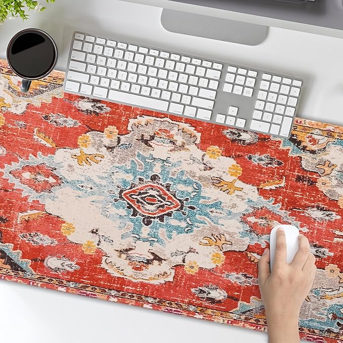 Vintage Rug Mouse Pad XL Red Orange Retro Carpet Aesthetic Extended Table Mat 80X30 cm Non-Slip Rubber Base Stitched Edge Large XL Mousepad for Desk Gaming Laptop Desk Top,31.5×11.8 Inch