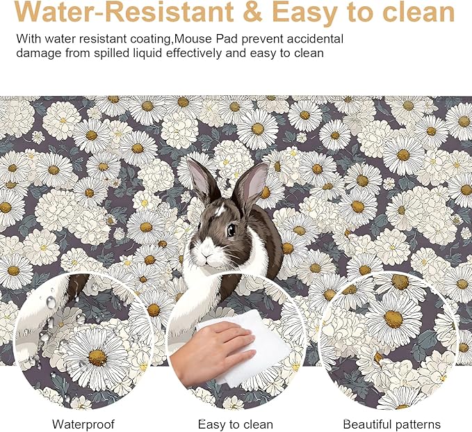 Large Mouse Pad & Keyboard Mat 35x16 Inches, Cute Rabbit in White Daisy Field Non-Slip Rubber Base Desk Mat, Large Extended Desk Protector for Home Office Gaming Setup