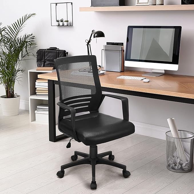 Yaheetech Mid Back Mesh Office Chair with Leather Seat Executive Office Computer Task Chair with Armrests and Lumbar Support, Black