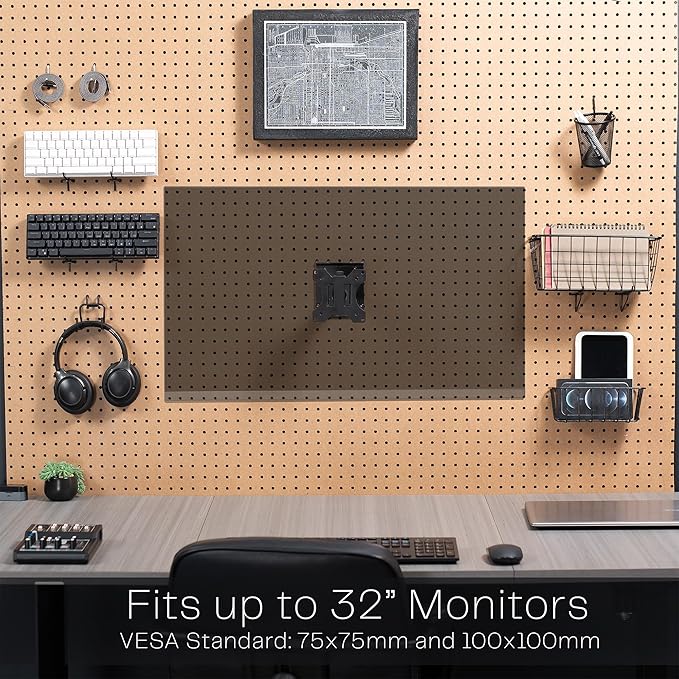 VIVO Articulating Single Monitor Pegboard Mount with Arm, Fits Screens up to 32 inches and Peg Boards up to 0.25 inches Thick with 1 inch Hole Spacing, Black, MOUNT-PB2A