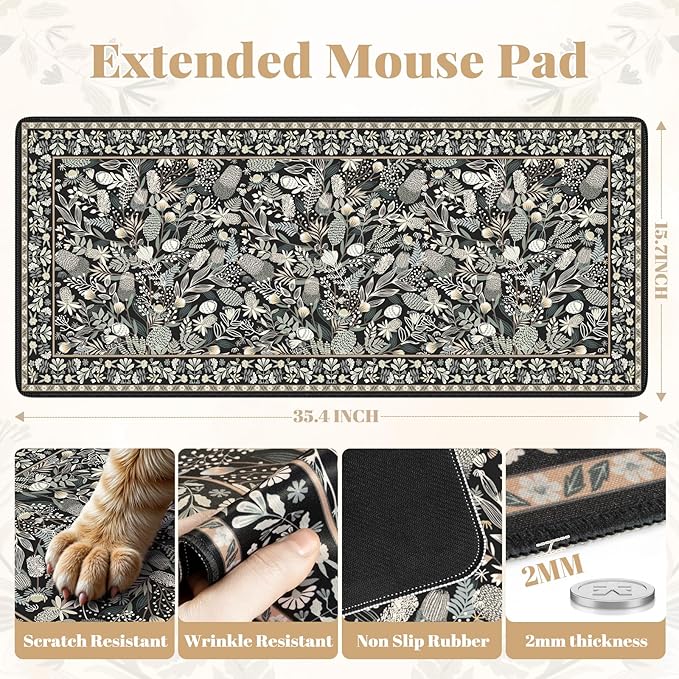 Large Mouse Pad for Desktop, Cute Desk Mat Pad Protector for Work & Gaming, Aesthetic Pretty Anti-Slip Laptop Blotter Cover for Office School Home Supplies, Black Floral, 35.4" x 15.7"