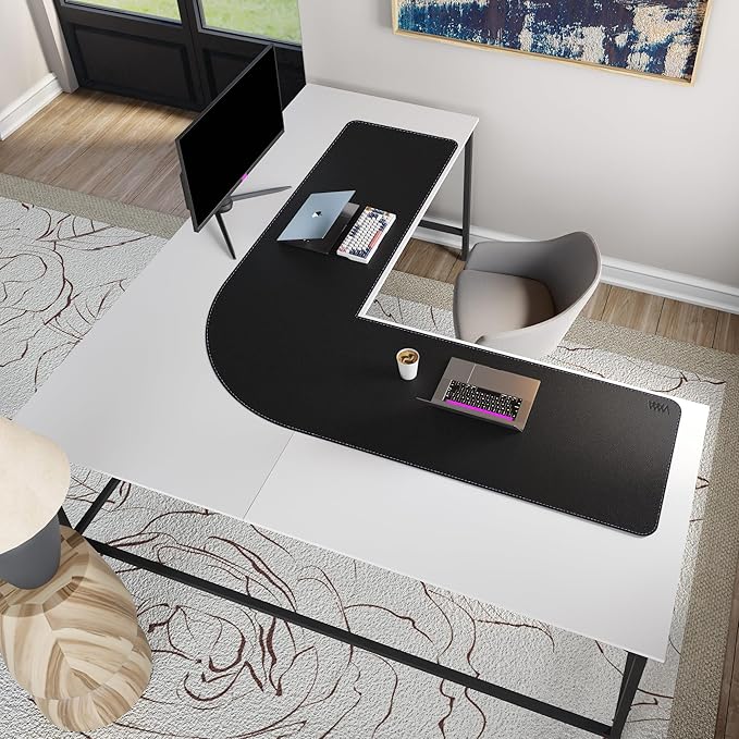 Vyaaa (62"+62") x 20" L Shaped Leather Desk Pad (Black), Dual-Sided Reversible PU Leather Desk Mat, Extra Large Mouse Pad, Compatible with L Shape Computer Desk for Home or Office