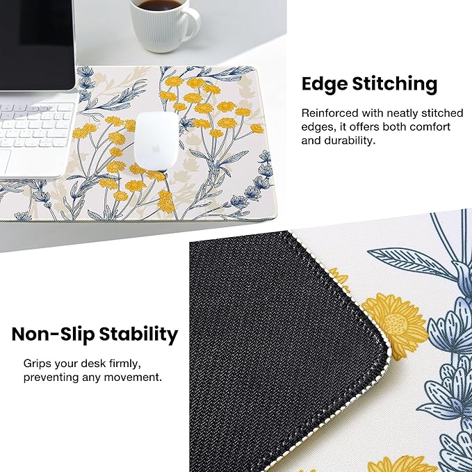 ALOANES Waterproof Mouse Pad with Durable Stitched Edge, Large Gaming Keyboard Pad, Non-Slip Rubber Base, Extended Desk pad for Gamer, Office & Home, Yellow Flower Mousepad 27.6''x 11.8''x 0.12''