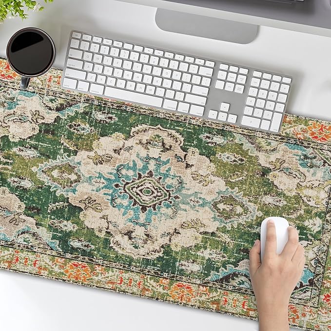 Vintage Rug Mouse Pad XXL Green Orange Retro Carpet Aesthetic Extended Table Mat 90X40 cm Non-Slip Rubber Base Stitched Edge Large Mousepad for Gaming Laptop Computer Desk Top 35.4×15.7 Inch