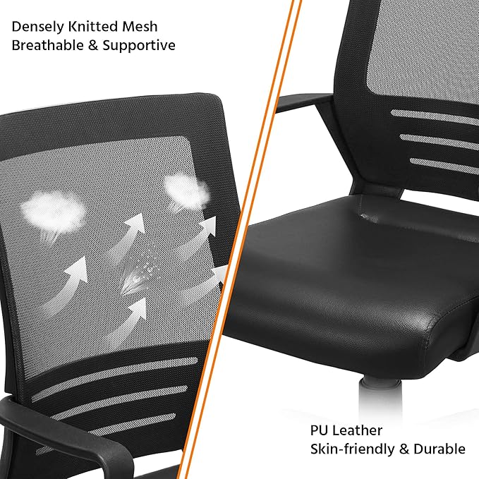 Yaheetech Mid Back Mesh Office Chair with Leather Seat Executive Office Computer Task Chair with Armrests and Lumbar Support, Black