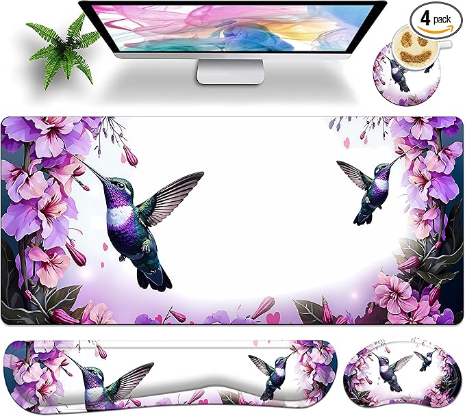 Premium Large Gaming Mouse Pad Set 35.4 x 15.7 with Keyboard Wrist Rest, Wrist Support, and Coaster Memory Foam Smooth Desk Pad Mousepad for Home Office School - Hummingbird Floral