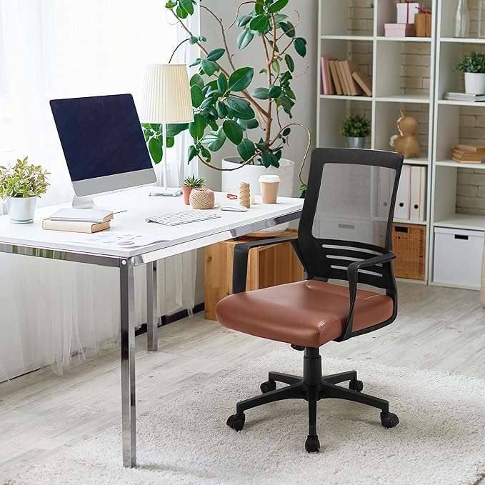 Yaheetech Mid Back Mesh Office Chair with Leather Seat Executive Office Computer Task Chair with Armrests and Lumbar Support, Brown