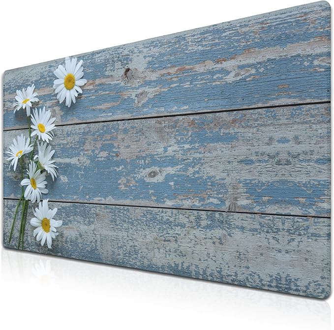 Computer Desk Mat Mouse Pad, Big Non-Slip Rubber Base Mousepad for PC, Work, Game, Office, Home - 35.4 X 15.7 Inch - Daisy Flowers on Old Wooden