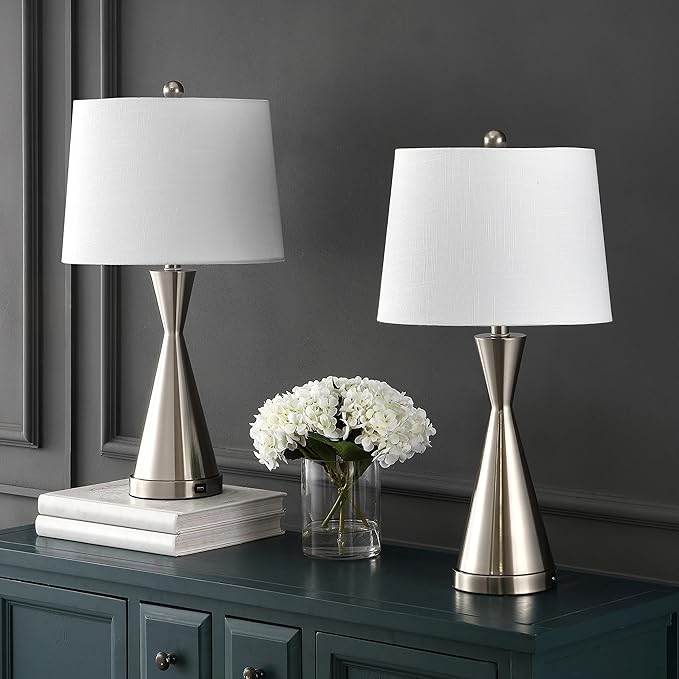 Eyely EYL4046A-SET2 Collins 26" Classic French Country Iron LED Table Lamp with USB Charging Port for Reading Room, Living Room, Office, Bedroom, Farmhouse, Coastal, Nickel (Set of 2)