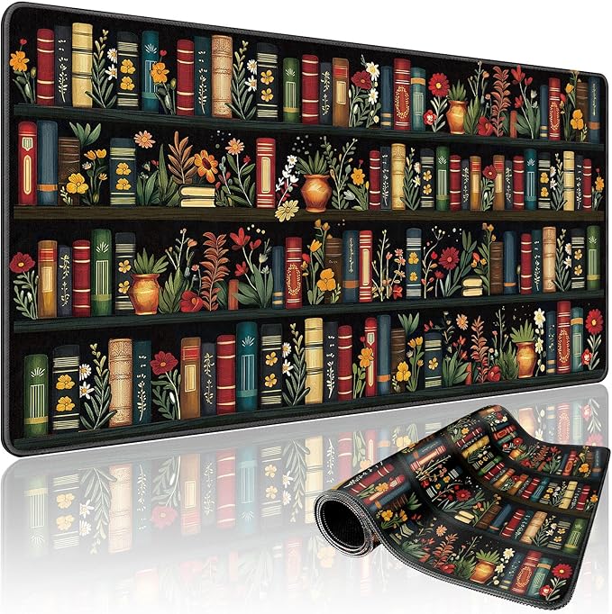 Vintage Library Bookshelf Large Gaming Mouse Pad 31.5"x15.7"｜ Flower XXL Desk Mat, Non-Slip Rubber Base & Stitched Edges - Extended Waterproof Mousepad for PC/Laptop/Office/Home Decor