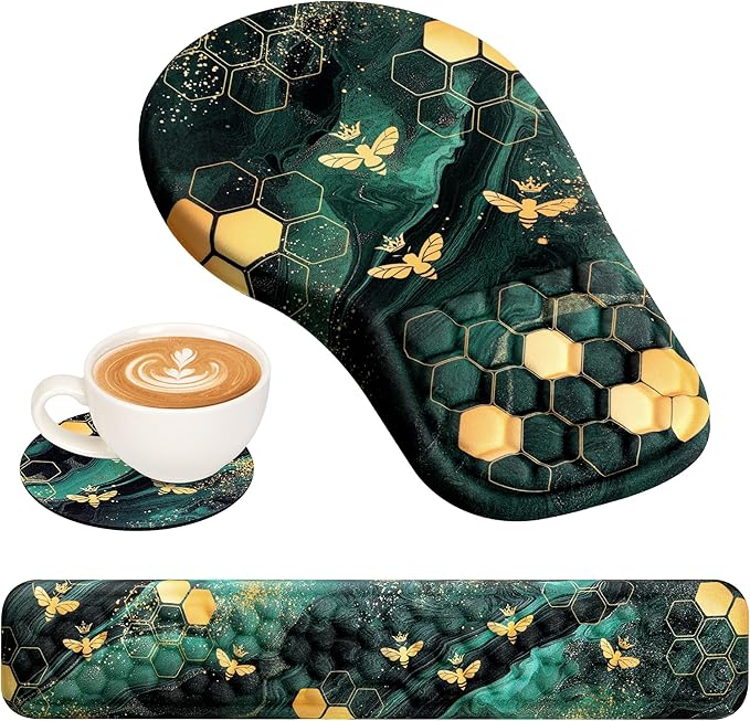 EYROZILL 3 in 1 Ergonomic Mousepad and Keyboard Wrist Rest, Mouse Pad with Wrist Support Massage Design, Keyboard Wrist Rest and Mouse Pad Set for Home Office (Green Bee)