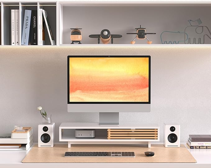 Monitor Stand with Sliding Bamboo Doors, 25 Inch Heavy Duty Wood Computer Monitor Riser, Ergonomic Desk Organizer with Storage & Keyboard Tray, Natural & white