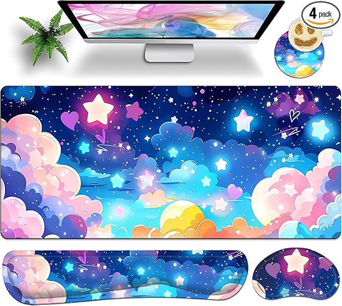 Large Mouse Pad Set 35.4 x 15.7 with Keyboard Wrist Rest, Wrist Support, and Coaster, Waterproof Memory Foam Smooth Desk Pad Mousepad for Home Office School - Pastel Rainbow Star