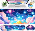Large Mouse Pad Set 35.4 x 15.7 with Keyboard Wrist Rest, Wrist Support, and Coaster, Waterproof Memory Foam Smooth Desk Pad Mousepad for Home Office School - Pastel Rainbow Star
