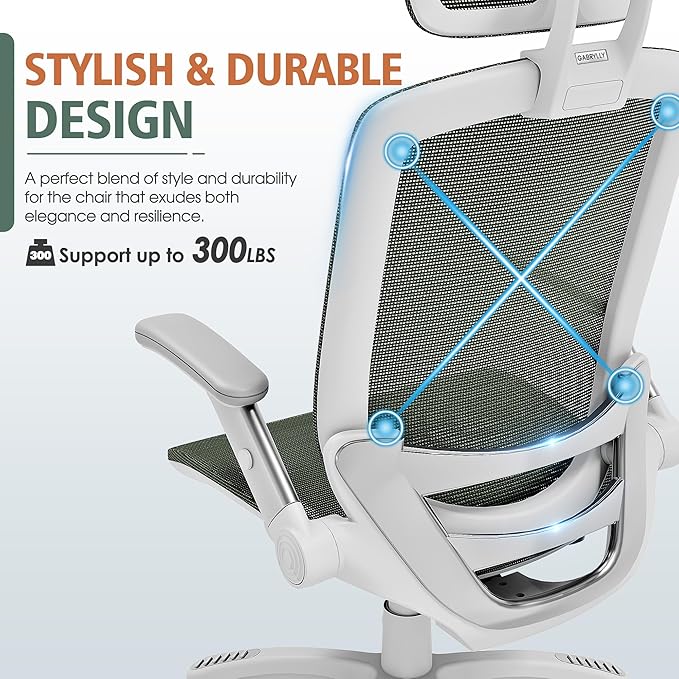 GABRYLLY Ergonomic Office Chair, High Back Home Desk Chair with Headrest, Flip-Up Arms, 90-120° Tilt Lock and Wide Cushion, 300LBS Mesh Chairs for Man Woman, White Task Chair(Olive Green,GY01WOG)