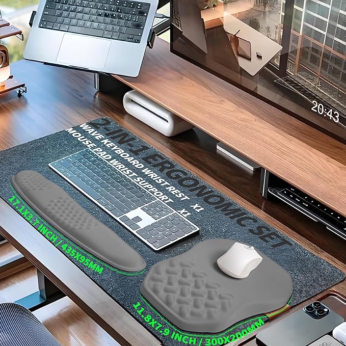 2-in-1 Ergonomic Set, Wave Keyboard Wrist Rest and Massage Slope Mouse Pad Wrist Support, Rebound Memory Foam for Ergonomic Comfort (Dark Grey)