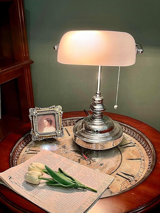 FIRVRE Bankers Lamp with White Glass Shade, Desk Lamp Library Lamp with Pull Chain, Vintage Desk Lamp for Office, Study Room