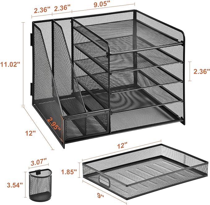 Marbrasse Desk Organizer with File Holder, 5-Tier Paper Letter Tray Organizer with Drawer and 2 Pen Holder, Mesh Desktop Organizer and Storage with Magazine Holder for Office Supplies(Black)