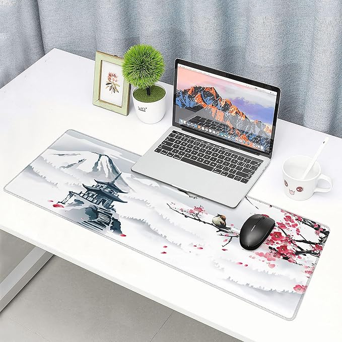 Japanese Pagoda Cherry Blossom Gaming Mouse Pad XL Birds Sakura Branch Mountain Extended Large Desk Cover Table Mat Non-Slip Rubber Base Stitched Edge Long Keyboard Playmat for Gamer,31.5×11.8 in