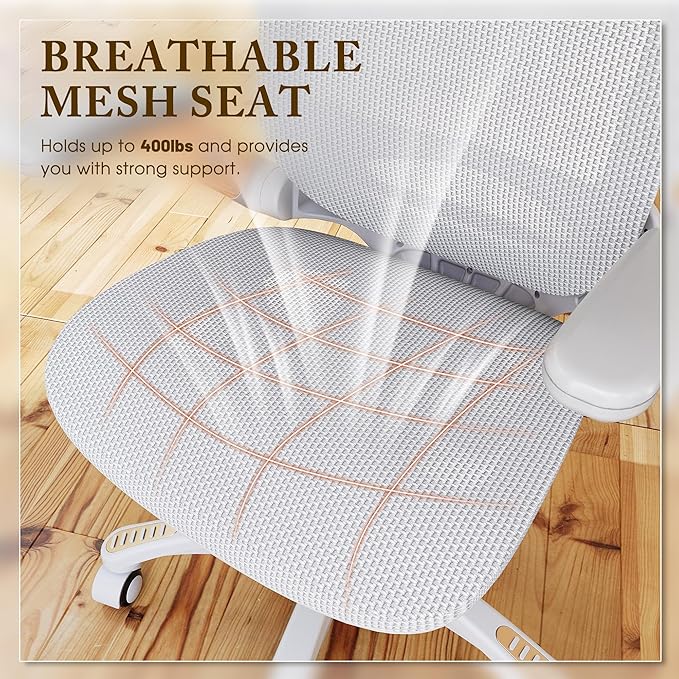GABRYLLY Ergonomic Office Chair, High Back Home Desk Chair with Flip-Up Arms, Headrest, 90-120° Tilt and Wide Cushion, 300LBS White Mesh Chair for Work Gaming Study (GY01-NT, Woodgrain Pattern)