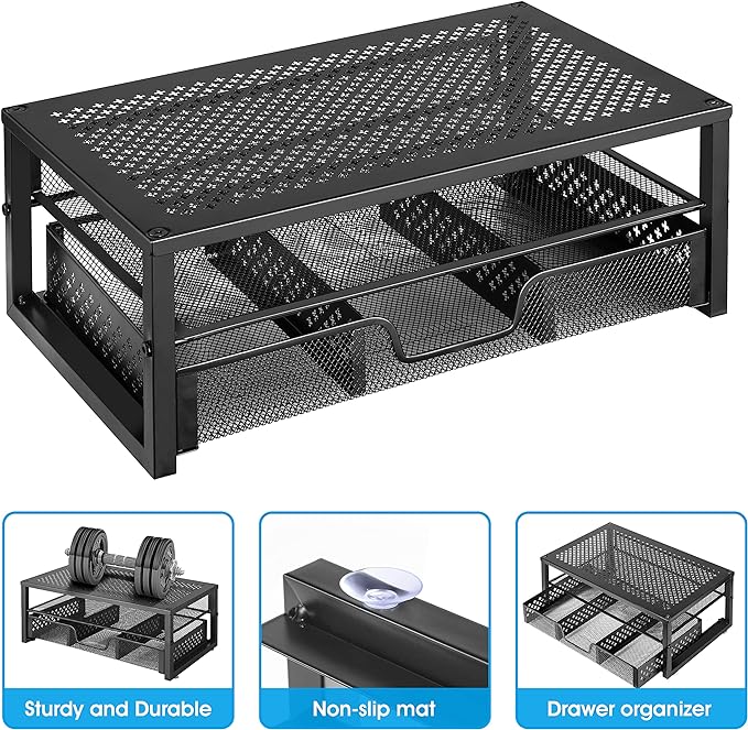 Simple Trending 2 Pack 2 Tier Metal Monitor Riser Stand and Computer Desk Organizer with Drawer, Black
