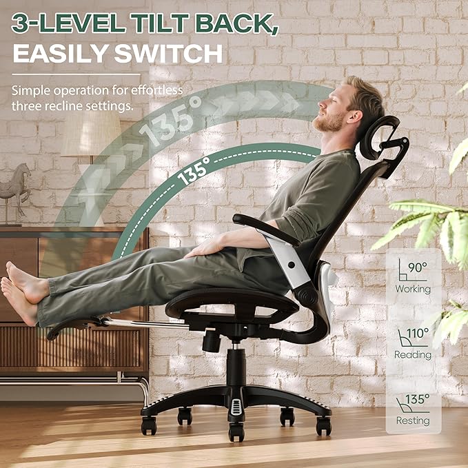 GABRYLLY Ergonomic Office Chair with Footrest, High Back Home Desk Chair - 3D Headrest, Flip-Up Arms, 135° Tilt and Wide Cushion, Heavy Duty Mesh Chairs for Task Computer Gaming, GYB01-FT