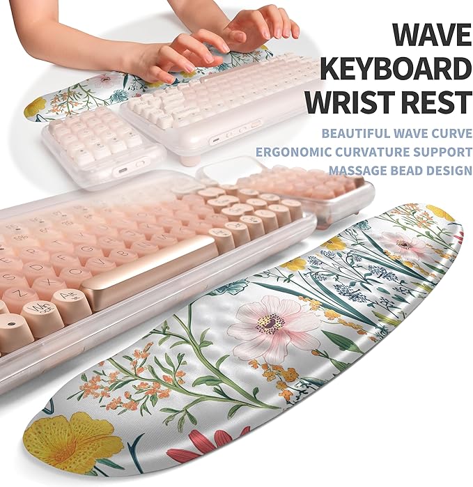 2-in-1 Ergonomic Set, Wave Keyboard Wrist Rest and Massage Slope Mouse Pad Wrist Support, Rebound Memory Foam for Ergonomic Comfort (Pink Flowers)
