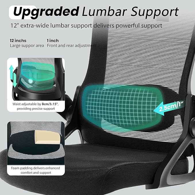 Fizzin Ergonomic Office Chair, 400 LBS Computer Chairs with Adjustable Lumbar Support, Breathable Mesh Desk Chair Ergonomic with Thickened Cushion, Comfy Home Office Desk Chair (Black)