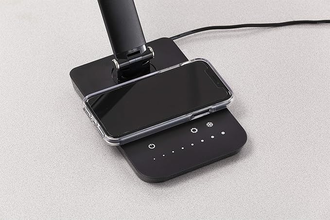 Pemberly Row Pivoting LED Lamp, Black Finish, Wireless Charging Pad & USB Port, Adjustable Neck with 4 Color Temperatures, Flicker-Free Light for Desktop or Bedside Use, 5" W x 16" D x 16.75" H